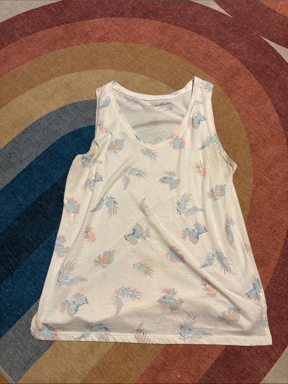 Eddie Bauer Cream Tank with Light Blue & Pale Pink Leaf Motif